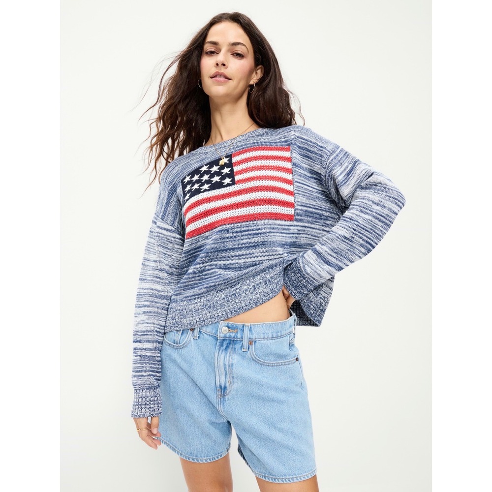 Old Navy Womens Seaside Cotton Long-Sleeve American Flag Sweater Blue Marled NEW